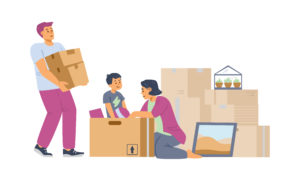 Family moving new house and packing boxes flat vector illustration isolated.