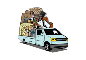 Cartoon pickup truck loaded full of household junk design illust
