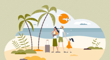 Family on vacation and parents with children at tropical beach tiny person concept. Holiday activity to spend quality time together vector illustration. Travel to summer exotic destinations with kids.