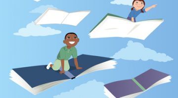Little kids flying on books in the sky, vector illustration, EPS 8