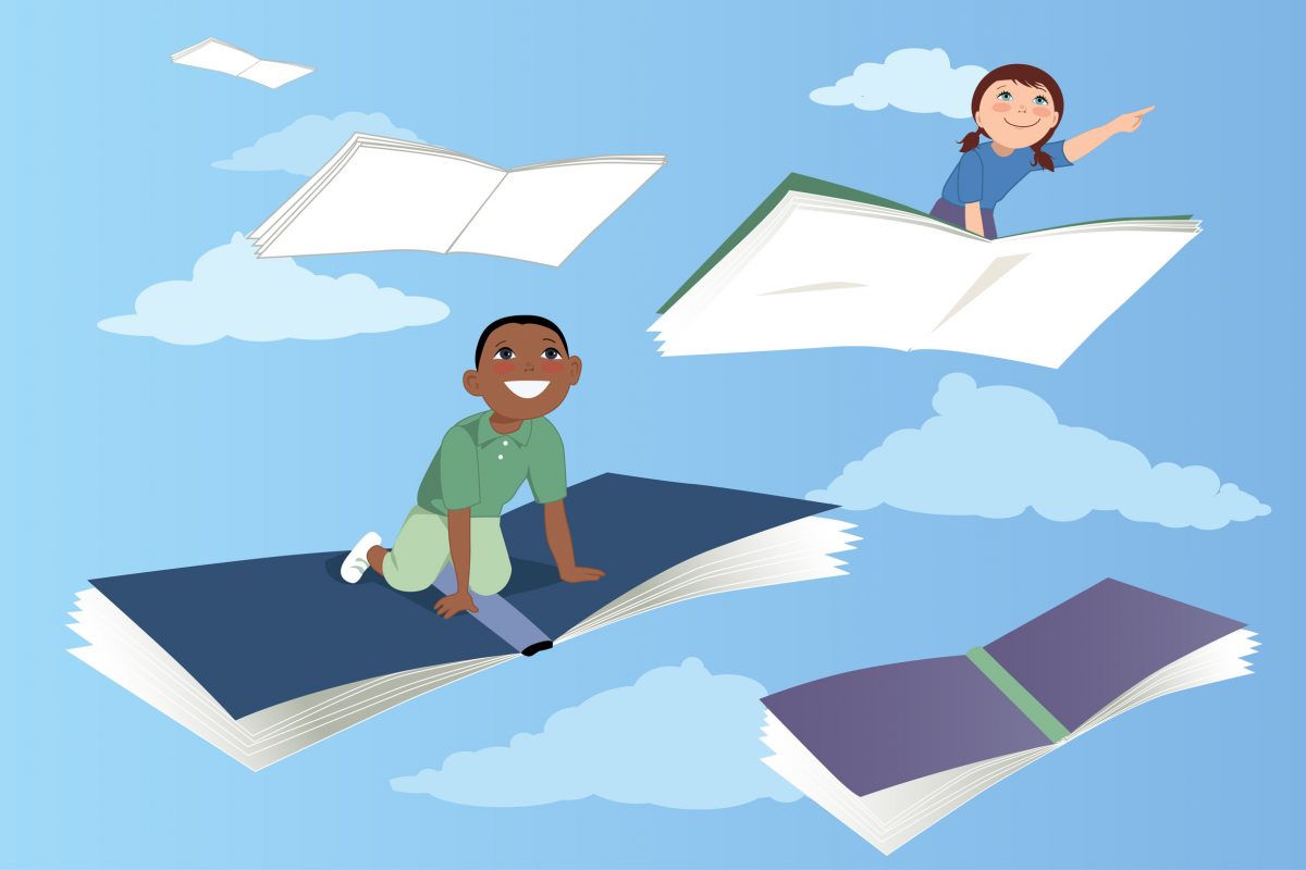 Little kids flying on books in the sky, vector illustration, EPS 8