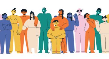 Diverse abstract characters, group portrait. Inclusive society, social community, diversity and equality concept. Multi-ethnic people. Colored flat vector illustration isolated on white background.