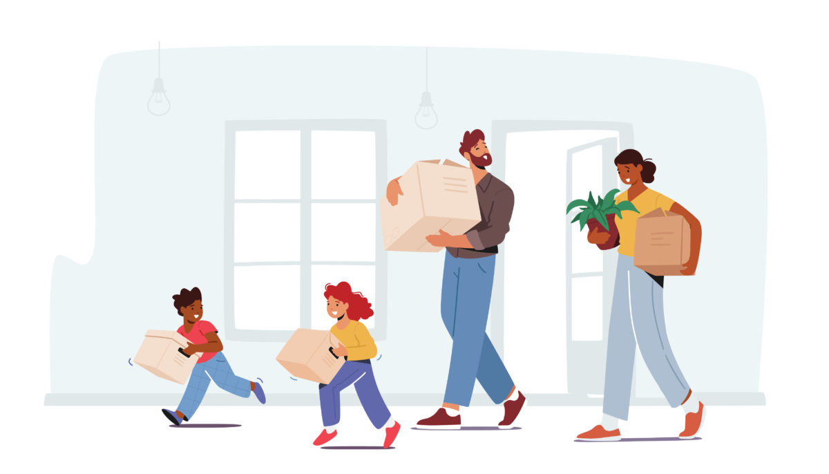 Happy Family in New House, Mom, Dad and Kids Characters Carry Things and Cardboard Boxes. Relocation to Own Apartment, Mortgage, Moving to New Home Concept. Cartoon People Vector Illustration
