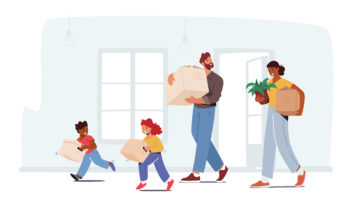 Happy Family in New House, Mom, Dad and Kids Characters Carry Things and Cardboard Boxes. Relocation to Own Apartment, Mortgage, Moving to New Home Concept. Cartoon People Vector Illustration