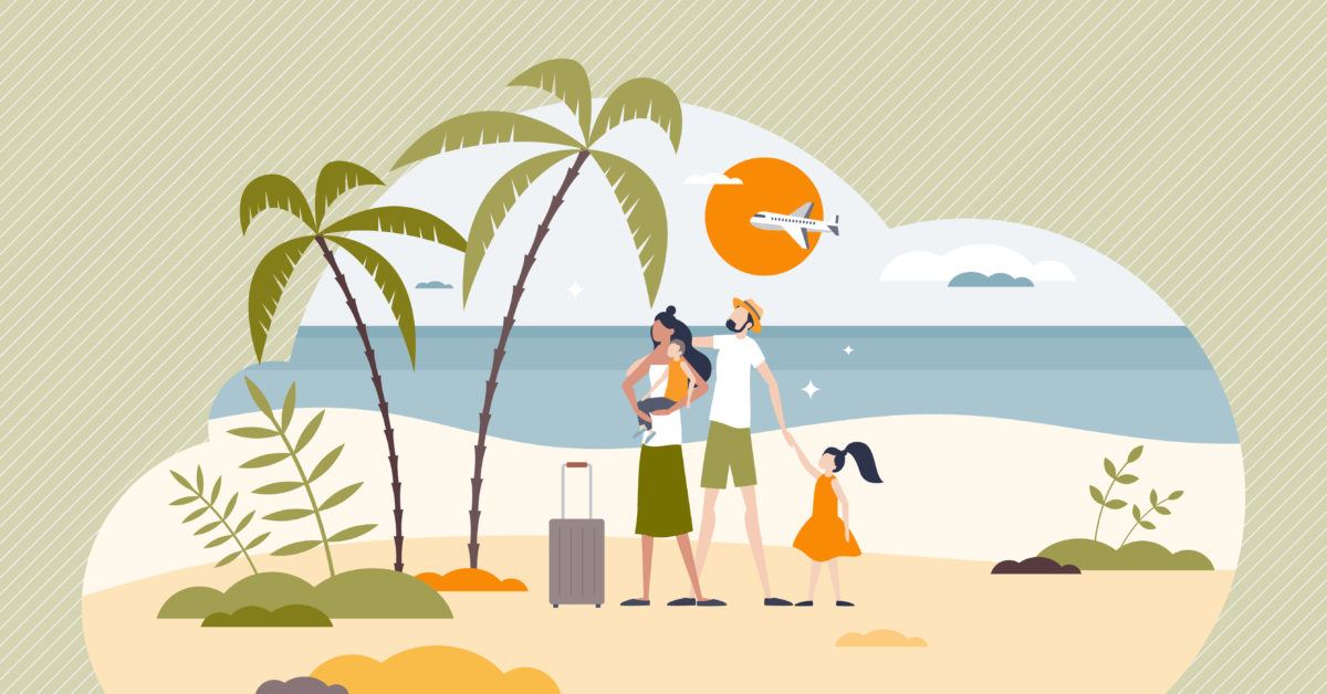 Family on vacation and parents with children at tropical beach tiny person concept. Holiday activity to spend quality time together vector illustration. Travel to summer exotic destinations with kids.